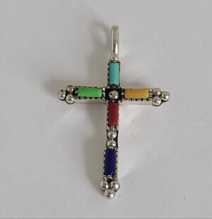 Vintage Sterling Silver Zuni Navajo Boho Gemstone Lapis Inlay Cross Pendant